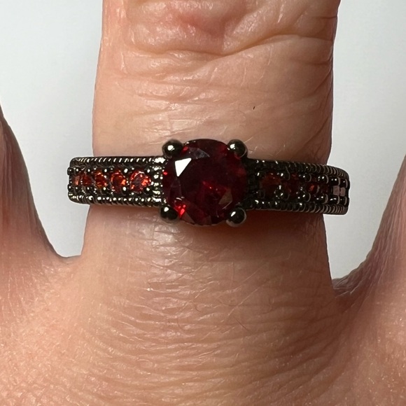 Ruby Simulant Black Marcasite Ring, Size 8 - Picture 2 of 3